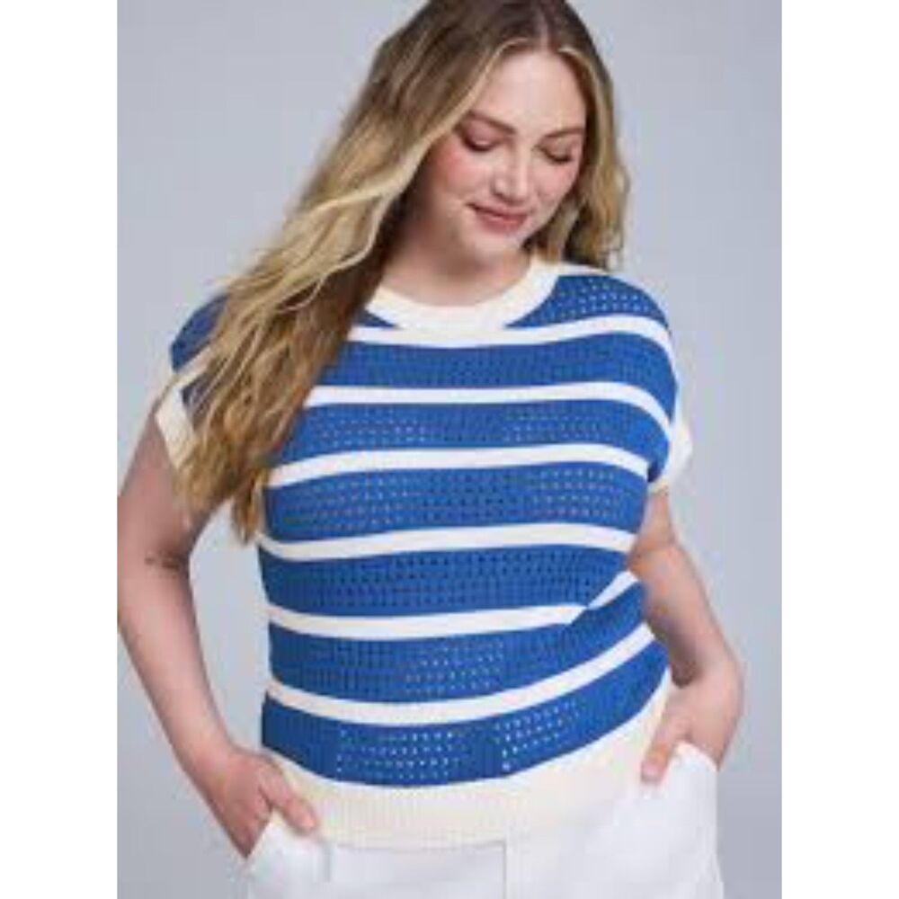 Torrid Striped Open Weave Sweater Vest Womens 4 4X Sleeveless Crew Neck Blue